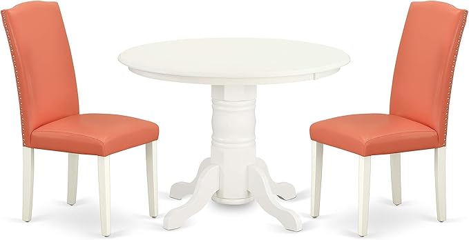 East West Furniture SHEN3-LWH-78 3 Piece Dining Set Contains a Round Kitchen Table with Pedestal and 2 Pink Flamingo Faux Leather Upholstered Chairs, 42x42 Inch - LeafyLoom