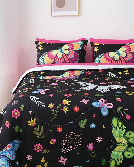Girls Butterfly Comforter Set Queen Size Colorful Flowers Leaves Bedding Set for Kids Teens Adults Black 7 Piece Bed in A Bag Super Soft All Season - LeafyLoom