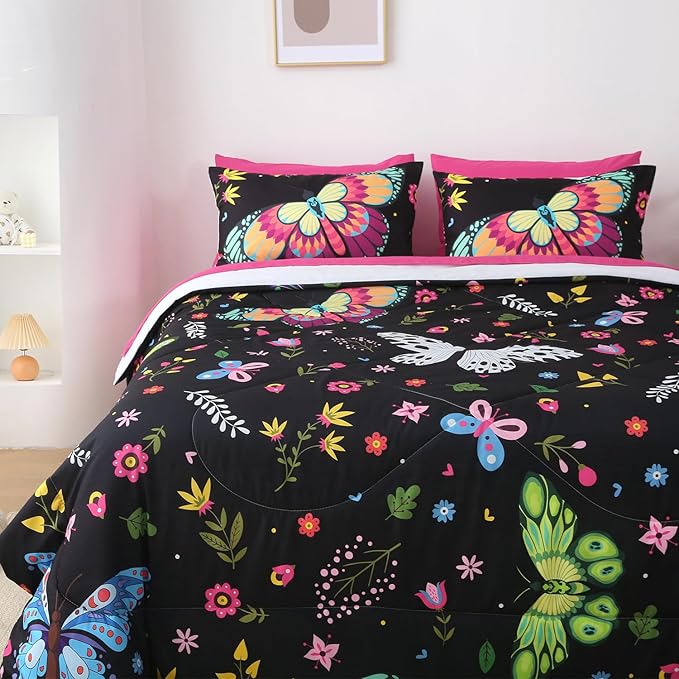 Girls Butterfly Comforter Set Queen Size Colorful Flowers Leaves Bedding Set for Kids Teens Adults Black 7 Piece Bed in A Bag Super Soft All Season - LeafyLoom