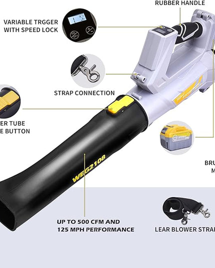 500 CFM Cordless Leaf Blower, 2 x 21V 6.0Ah Battery and Charger, Electric Leaf Blowers for Patio Cleaning, Lawn Care, Blowing Leaves and Snow - LeafyLoom