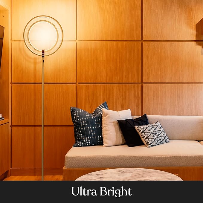 Brightech Eclipse Modern LED Torchiere Floor Lamp - Very High Brightness, Indoor Lamp - Living Room Standing Light - Alternative to Halogen - Built in Touch Dimmer - Gold/Brass - LeafyLoom