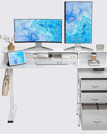 55 Inch Electric Standing Desk with Cabinet & Drawers, Height Adjustable Sit Stand Desk with Monitor Shelf, Smart Home Office Standing Computer Desk, White - LeafyLoom