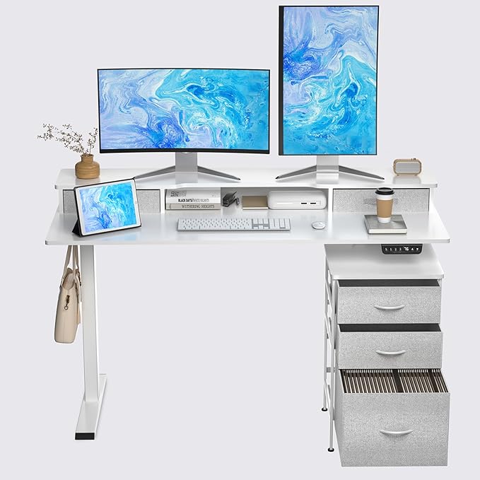 55 Inch Electric Standing Desk with Cabinet & Drawers, Height Adjustable Sit Stand Desk with Monitor Shelf, Smart Home Office Standing Computer Desk, White - LeafyLoom