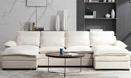 U Shaped Symmetrical Sectional Couch with Waist Poillows and Detachable Pillow Armrest, 6 Seater Oversized Modular Lounge Sofa with Double Chaise & Memory Foam for Living Room Apartment - LeafyLoom