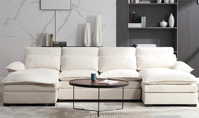 U Shaped Symmetrical Sectional Couch with Waist Poillows and Detachable Pillow Armrest, 6 Seater Oversized Modular Lounge Sofa with Double Chaise & Memory Foam for Living Room Apartment - LeafyLoom