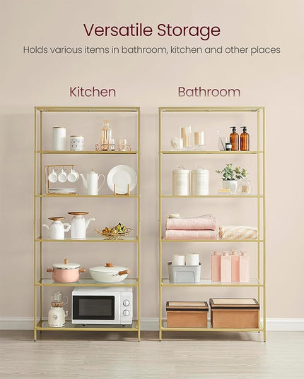 VASAGLE Bookcase, 6-Tier Bookshelf, Slim Shelving Unit for Bedroom, Bathroom, Home Office, Tempered Glass, Steel Frame, Metallic Gold ULGT503A01 - LeafyLoom