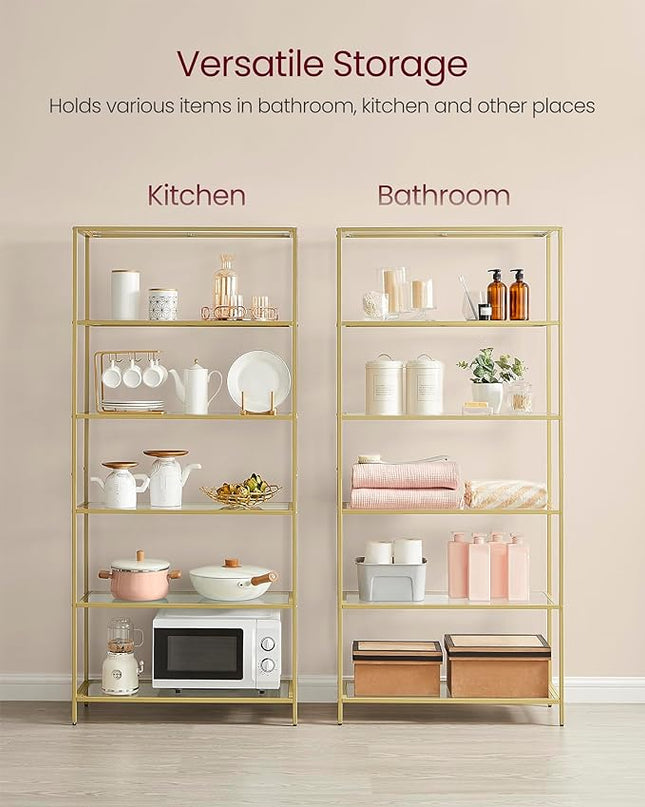VASAGLE Bookcase, 6-Tier Bookshelf, Slim Shelving Unit for Bedroom, Bathroom, Home Office, Tempered Glass, Steel Frame, Metallic Gold ULGT503A01 - LeafyLoom