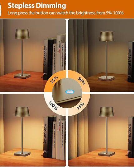 Rechargeable Cordless Table Lamp, Battery 5000mAh Metal Aluminum Housing USB LED Portable Powered Desk Lamp, 3 Levels Brightness Night Light for Restaurants Bars Outdoor (Titanium-2pack) - LeafyLoom