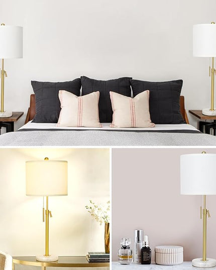 Lamp Modern Set of 2: 22" to 30" Height Adjustable Pull Chain Switch for Living Room Bedroom End Table, Marble Base White Linen Shade Golden Pole Nightstand Lamp Brass for Office, Bedside Table - LeafyLoom