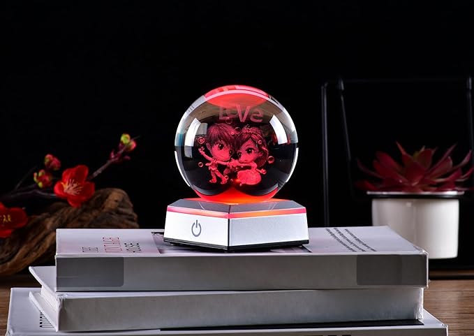 3D Crystal Ball Lovers Model, with Led Lamp Stand, 3.15'' Sweet Couple Glass Ball Decor, Engraved Crystal Sphere with Gift Box, 6 Color Light, Romantic Gifts for Kids Friends Birthday - LeafyLoom
