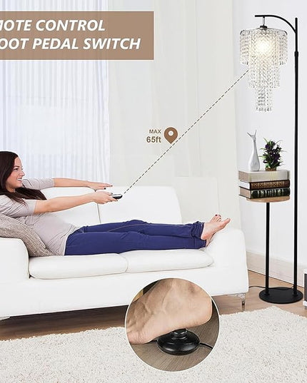 Arc Floor Lamp with Table Shelves Elegant Modern Crystal Floor Standing Lamps with Remote Control Dimmable LED Floor Lamp Crystal Shade with 10 Color Black Adjustable Tall Lamp For Living Room Bedroom - LeafyLoom