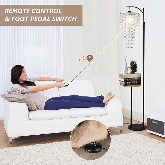 Arc Floor Lamp with Table Shelves Elegant Modern Crystal Floor Standing Lamps with Remote Control Dimmable LED Floor Lamp Crystal Shade with 10 Color Black Adjustable Tall Lamp For Living Room Bedroom - LeafyLoom
