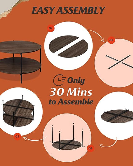 WLIVE Round Coffee Table, Living Room Table with 2-Tier Storage Shelf,32in Wood Modern Coffee Table with Metal Frame and Wood Desktop,Easy Assembly，Brown Walnut. - LeafyLoom