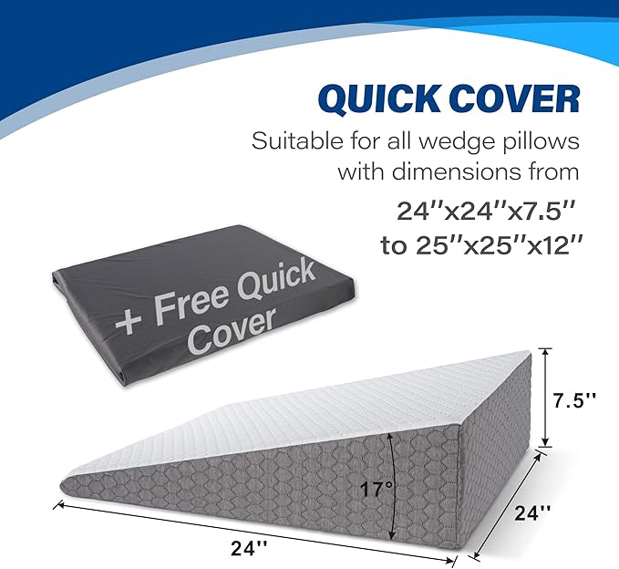 Bed Wedge Pillow RS21 + Free Aditional Quic Cover – for Acid Reflux Surgery Heartburn Gerd Reading Anti Snore - Triangle Support Pillow for Sleeping and Pain Relief - LeafyLoom