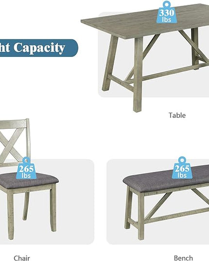 Rustic Style Spacious 4 Chair and Multifunctional Bench, Long-Lasting Solid Rubber Wood Room, Kitchen, 6 Piece Dining Table Set, Gray 8 - LeafyLoom