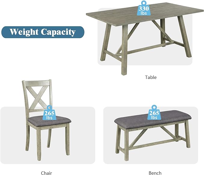 Dining Room Table Set for 6, Wood Kitchen Table Set with 4 Upholstered Chairs & 1 Padded Bench, 6-Piece Rustic Style Dining Table and Chairs for Kitchen, Dining Room, Grey Green - LeafyLoom