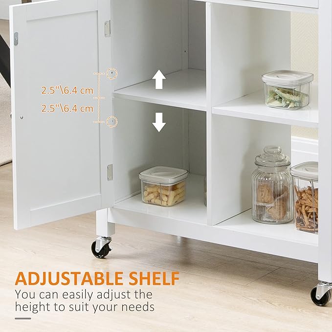 HOMCOM Kitchen Island Cart, Rolling Kitchen Island with Storage Shelf, Solid Wood Top, Drawer, for Dining Room, White - LeafyLoom