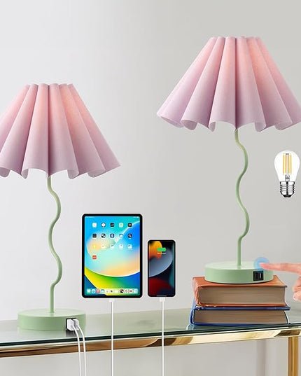 Bedside Table Lamp Set of 2 Touch Dimmable Unique Green Lamp with USB Port and Outlet Modern Lamp for Living Room - LeafyLoom