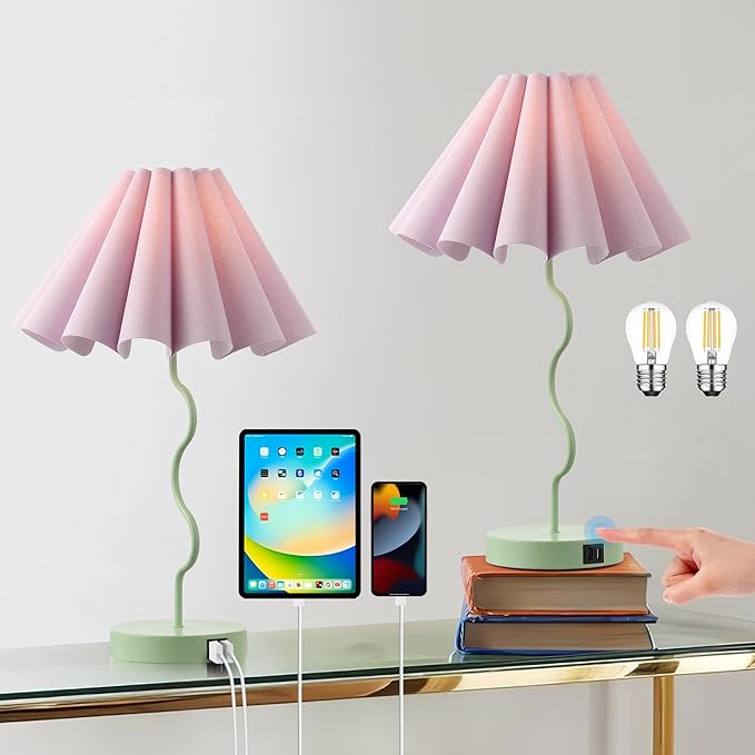 Bedside Table Lamp Set of 2 Touch Dimmable Unique Green Lamp with USB Port and Outlet Modern Lamp for Living Room - LeafyLoom
