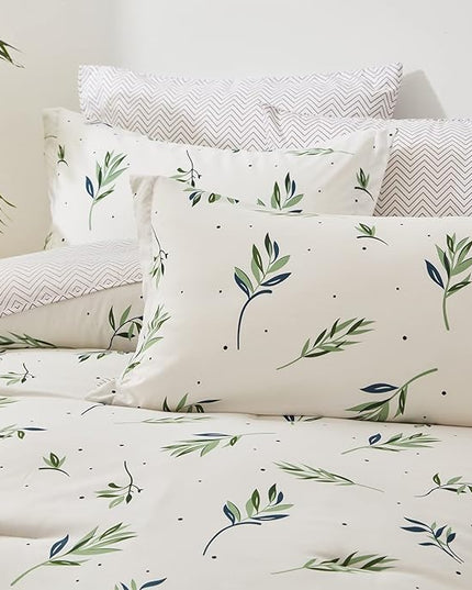 EMME Queen Comforter Set - Sage Green Floral Bedding Set 7 PCS with Nature Leaves Pattern, Soft Leaf Printed Botanical Bed Set with Sheets, Fluffy Bed Bag for All Season(90"X90") - LeafyLoom