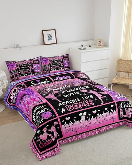Cheerleading Comforter Set Cheer Gifts,Cheerleader Loves Bedding Set for Kids Girls Teens Adult,Cheer Pink (no real) Sequins Quilt Set Full Geometric Plaid Patchwork Duvet Insert with 2 Pillowcases - LeafyLoom