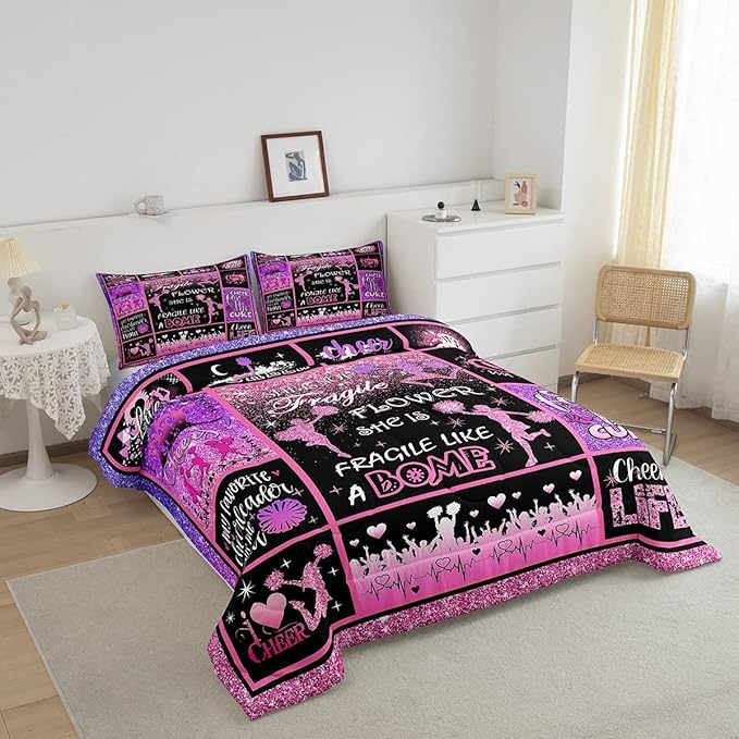 Cheerleading Comforter Set Cheer Gifts,Cheerleader Loves Bedding Set for Kids Girls Teens Adult,Cheer Pink (no real) Sequins Quilt Set Twin Geometric Plaid Patchwork Duvet Insert with 1 Pillowcase - LeafyLoom