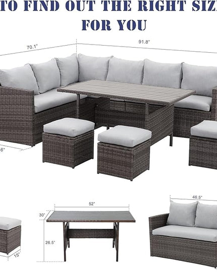 7 Piece Wicker Rattan Outdoor Dining Set with Dining Table and Ottomans, Patio Table and Chairs Set - LeafyLoom