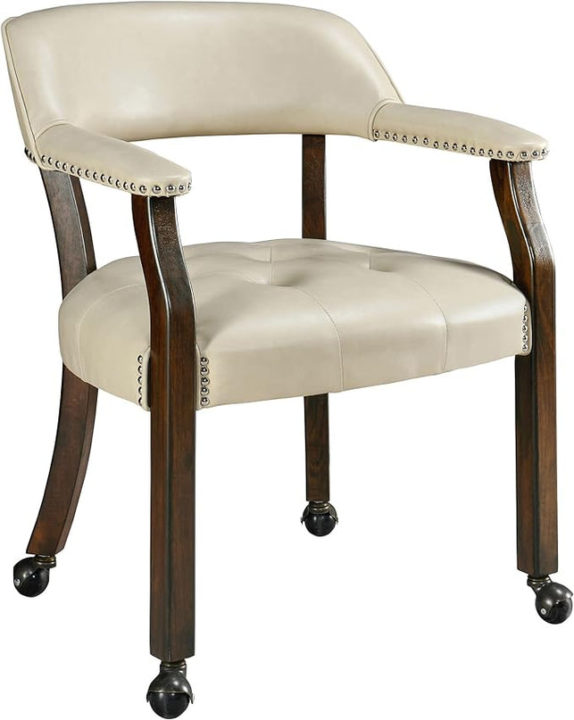 Large Dining Chairs with Casters and Arms, Rolling Dining Chairs with Wheels, Solid Wood Office Desk Chairs, 26“Dx25.2 Wx31.5“H, Espresso Legs & Beige PU, XXY-1910-BG - LeafyLoom