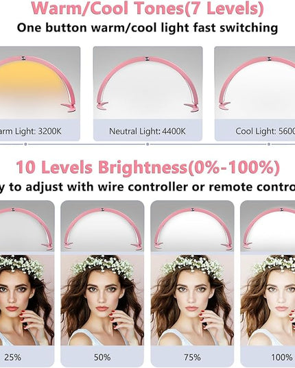 Half Moon Light for Nail Desk, 29in Foldable Half Moon Table Lamp Nail Desk Lamp with Wire Controller & Remote, Lash Light Lamp for Eyelash Extensions, 7 Cool/Warm Tones & 10 Brightness - LeafyLoom