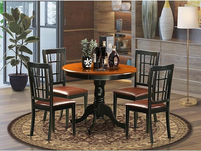East West Furniture ANNI5-BLK-LC 5 Piece Dinette Set for 4 Includes a Round Table with Pedestal and 4 Faux Leather Kitchen Dining Chairs, 36x36 Inch, Black & Cherry - LeafyLoom