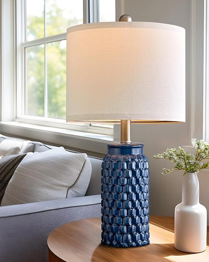 20.5 inches Modern Ceramic Dark Blue Bedside Lamp Set of 2 for Bedroom Decor Farmhouse Table Lamp for Living Room Office Dorm - LeafyLoom