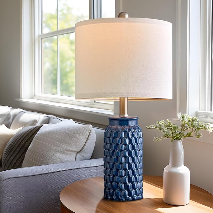 20.5 inches Modern Ceramic Dark Blue Bedside Lamp Set of 2 for Bedroom Decor Farmhouse Table Lamp for Living Room Office Dorm - LeafyLoom