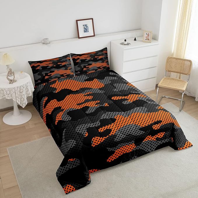 Erosebridal Army Camouflage Comforter Set Queen Size Teens Adult Camo Bedding Set for Kids Boys Girls Colorful Pattern Decor Down Comforter Orange Black Grey Duvet Set Geometric Pattern Quilt Set - LeafyLoom