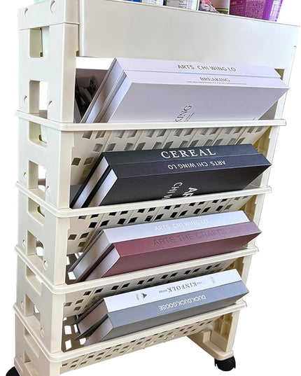 5 Tier Rolling Book Utility Cart, Removable Movable Bookshelf Organizer with Wheels, Storage Book Shelves, Book Rack for Study in Classroom Home School Office Light Yellow - LeafyLoom