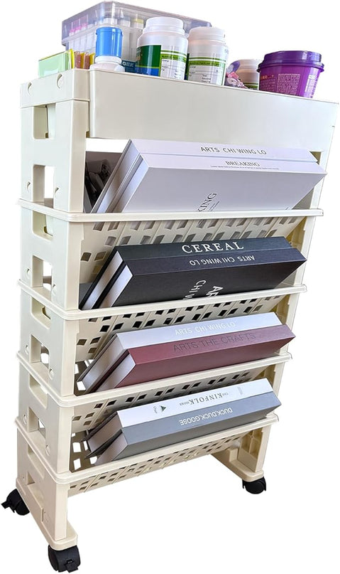 5 Tier Rolling Book Utility Cart, Removable Movable Bookshelf Organizer with Wheels, Storage Book Shelves, Book Rack for Study in Classroom Home School Office Light Yellow - LeafyLoom