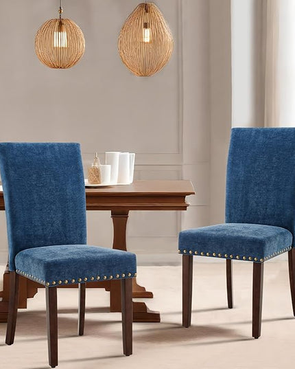 COLAMY Upholstered Parsons Dining Chairs Set of 4, Fabric Dining Room Kitchen Side Chair with Nailhead Trim and Wood Legs - Dark Blue - LeafyLoom