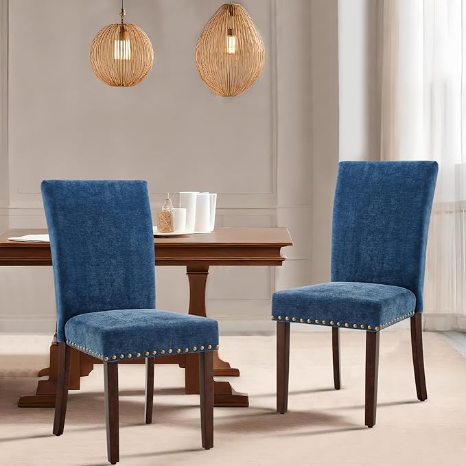 COLAMY Upholstered Parsons Dining Chairs Set of 4, Fabric Dining Room Kitchen Side Chair with Nailhead Trim and Wood Legs - Dark Blue - LeafyLoom