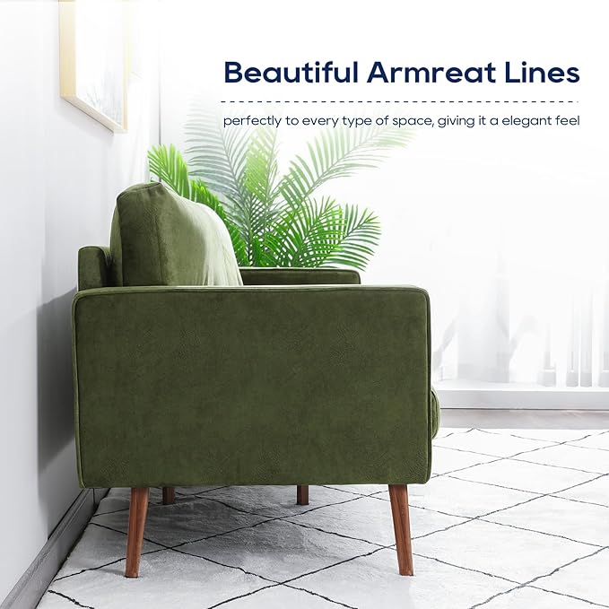 Vonanda Velvet Sofa Couch, Mid Century Modern Craftsmanship 73 inch 3-Seater Sofa with Comfy Tufted Back Cushions and 2 Bolster Pillows for Compact Living Room, Elegant Mustard Green - LeafyLoom