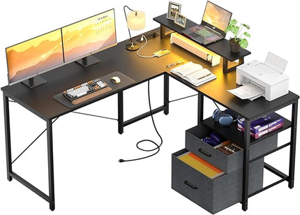 Homieasy L Shaped Computer Desk with Storage File Drawer, Reversible Home Office Desk with Recessed Power Strip and Led Strip, Corner Gaming Desk Work Study Table with Monitor Stand, Black - LeafyLoom