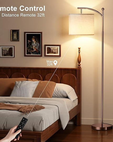 Ambimall Floor Lamp with Remote Control and Stepless Dimmable Bulb, Colors Temperature & Brightness Adjustable, Modern Floor Lamps for Living Room（Beige Shade & Brown Pole） - LeafyLoom