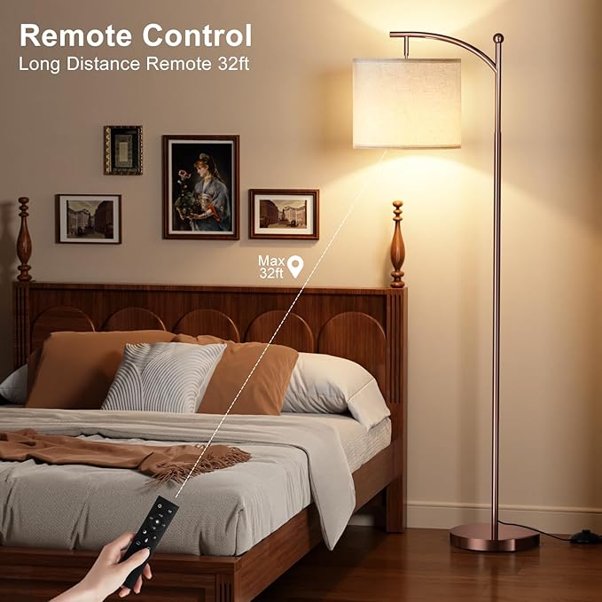 Ambimall Floor Lamp with Remote Control and Stepless Dimmable Bulb, Colors Temperature & Brightness Adjustable, Modern Floor Lamps for Living Room（Beige Shade & Brown Pole） - LeafyLoom