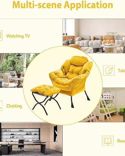 Lazy Chair with Folding Ottoman, Accent Chair Velvet Upholstered with Metal Structure and Non-Slip Pads, Sofa Armchair with Footrest and Side Storage Bag for Dorm, Room, Office, Yellow - LeafyLoom