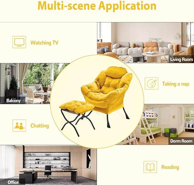 Lazy Chair with Folding Ottoman, Accent Chair Velvet Upholstered with Metal Structure and Non-Slip Pads, Sofa Armchair with Footrest and Side Storage Bag for Dorm, Room, Office, Yellow - LeafyLoom