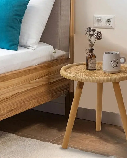 Rattan Round Coffee Table, Boho Circle Side Table End Table for Living Room, Small Mid Century Accent Table for Bedroom Balcony - LeafyLoom