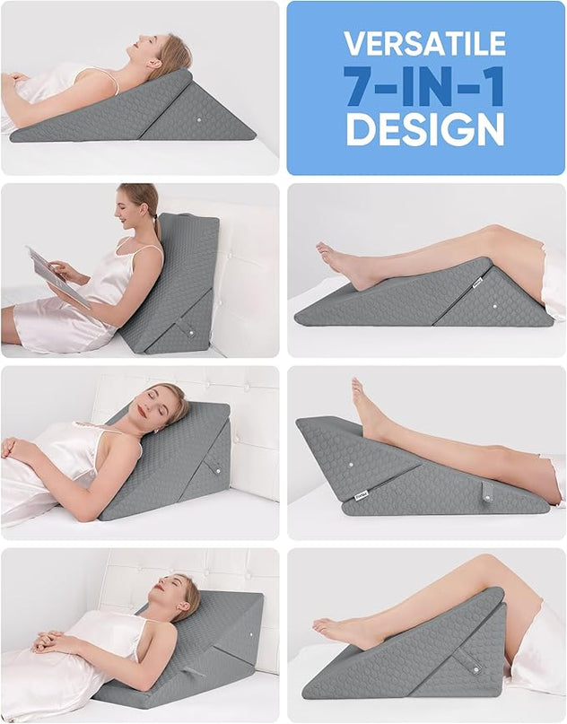 Forias Wedge Pillow for Sleeping 9 &12 Inch Adjustable Bed Wedge Pillow for After Surgery Foldable Memory Foam Triangle Pillow Wedge for Acid Reflux Snoring Post Surgery Back Leg Knee Pain - Gray - LeafyLoom