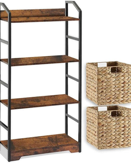 Vagusicc 4 Tier Bookshelf with 2 Storage Baskets, Tall Bookcase Shelf Storage Organizer Wood Book Shelf, Modern Shelf Rack Shelves with Steel Frame, Multipurpose Bookshelf for Bedroom Living Room - LeafyLoom