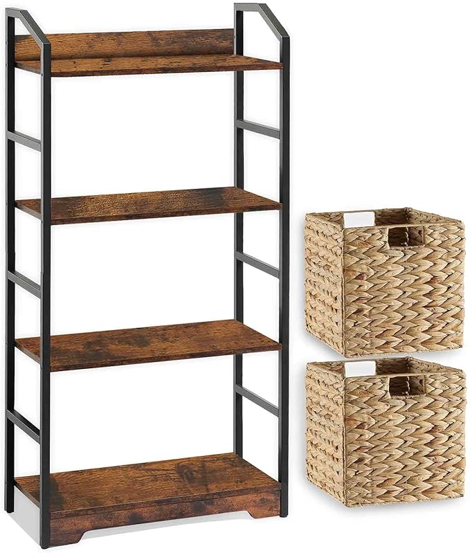 Vagusicc 4 Tier Bookshelf with 2 Storage Baskets, Tall Bookcase Shelf Storage Organizer Wood Book Shelf, Modern Shelf Rack Shelves with Steel Frame, Multipurpose Bookshelf for Bedroom Living Room - LeafyLoom
