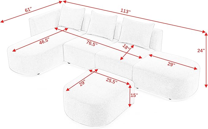 L Shape Sectional Sofa with Left Side Chaise and Removable Ottoman, Upholstered Modular Couch w/Pillows for Living Room, Office, DIY Combination, Loop Yarn Fabric, Beige, 113" - LeafyLoom