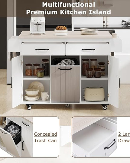 51.06 Inch Rolling Kitchen Cart with Trash Can Storage Cabinet & Drop Leaf, Portable Mobile Islands Table w/Adjustable Shelf, Spice, Towel Rack and Drawers, for Dining Room, White - LeafyLoom