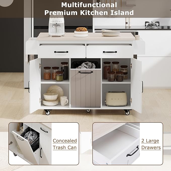 51.06 Inch Rolling Kitchen Cart with Trash Can Storage Cabinet & Drop Leaf, Portable Mobile Islands Table w/Adjustable Shelf, Spice, Towel Rack and Drawers, for Dining Room, White - LeafyLoom